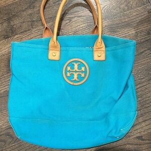Tory Burch Blue Canvas Tote with Brown Handles
